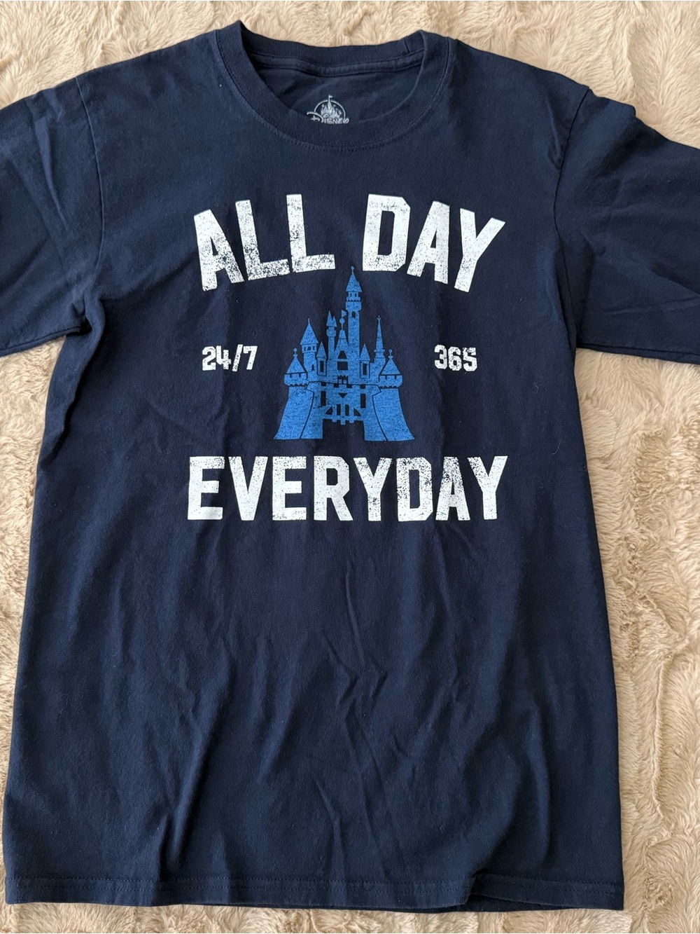 Disney Navy Blue Short Sleeve Tee with White Text and Blue Castle Graphic